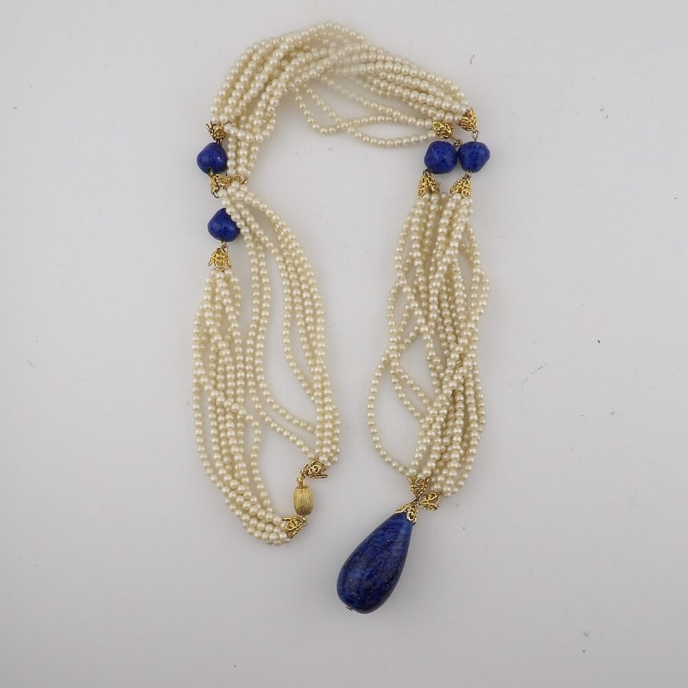 Vintage Multi Strand Pearl Lariat Necklace with Lapis Lazuli - Picture 3 of 4